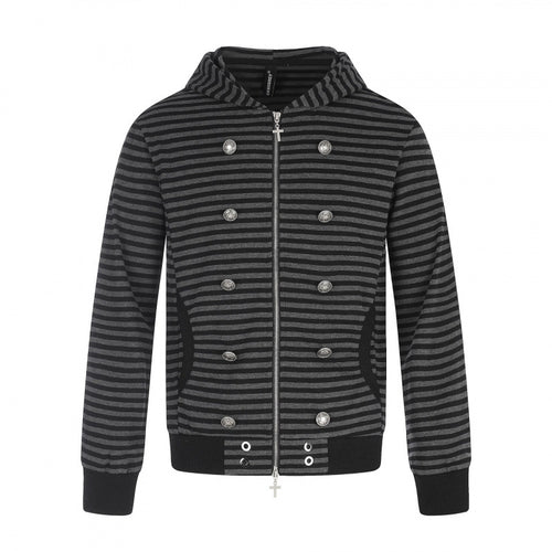 Unisex Gestreifte Kapuzen‑Zipjacke im doppelreihigen Look mit Metallknöpfen Shop Nory