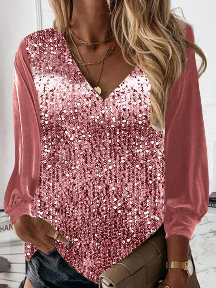 Damen Glitzernde Pailletten V-Ausschnitt Bluse mit Satinärmeln Shop Nory