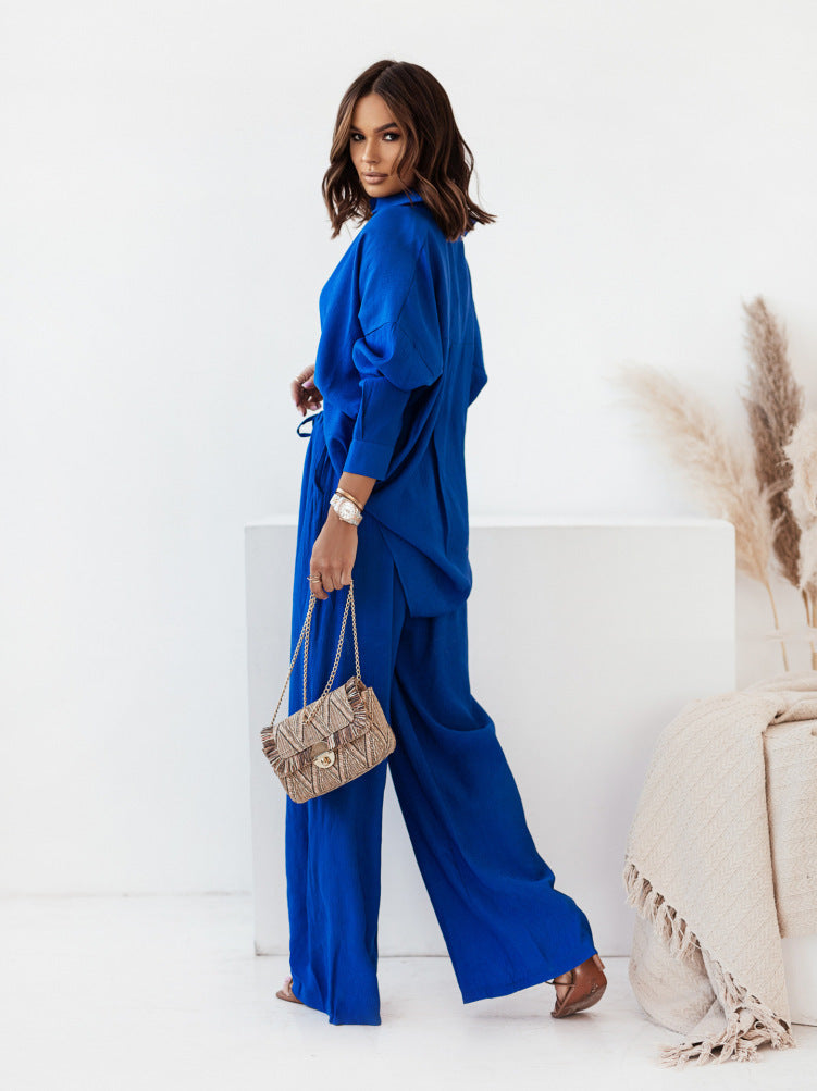 Damen Zweiteiliges Leinenoptik-Set aus Oversize-Hemd mit Bindegürtel und weiter Palazzo-Hose Shop Nory