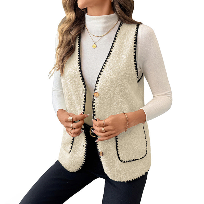 Damen Ärmellose Teddyweste mit Kontrast-Ziernähten und aufgesetzten Taschen Shop Nory