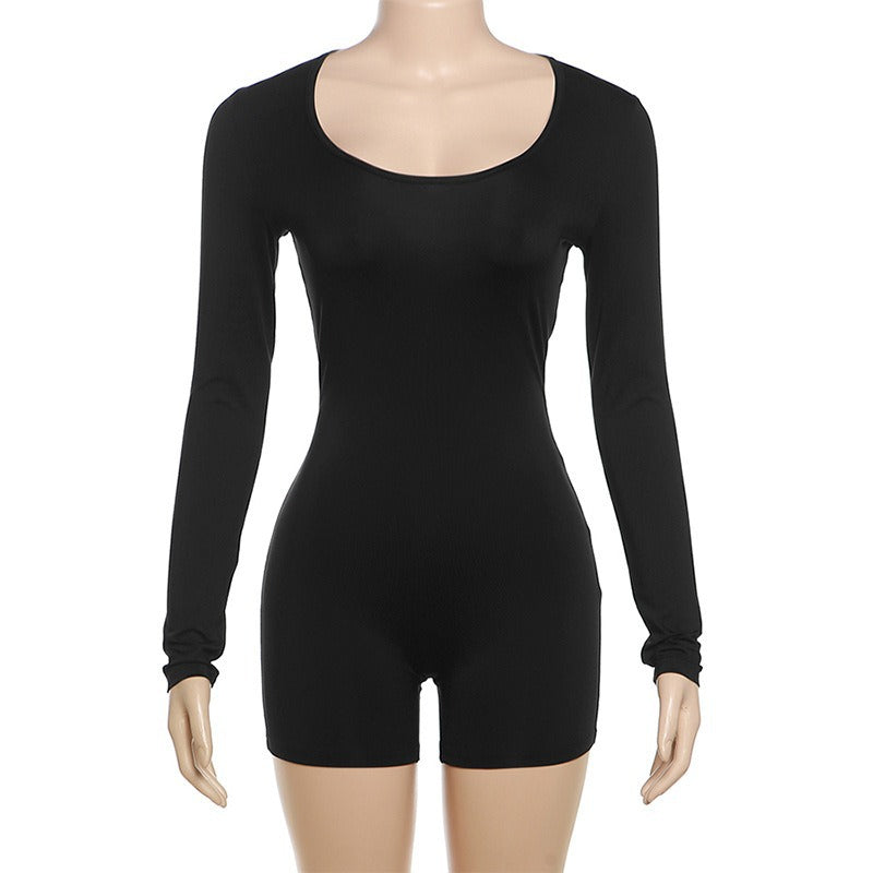 Damen Figurbetontes Kurzarm-Jumpsuit mit langem Arm