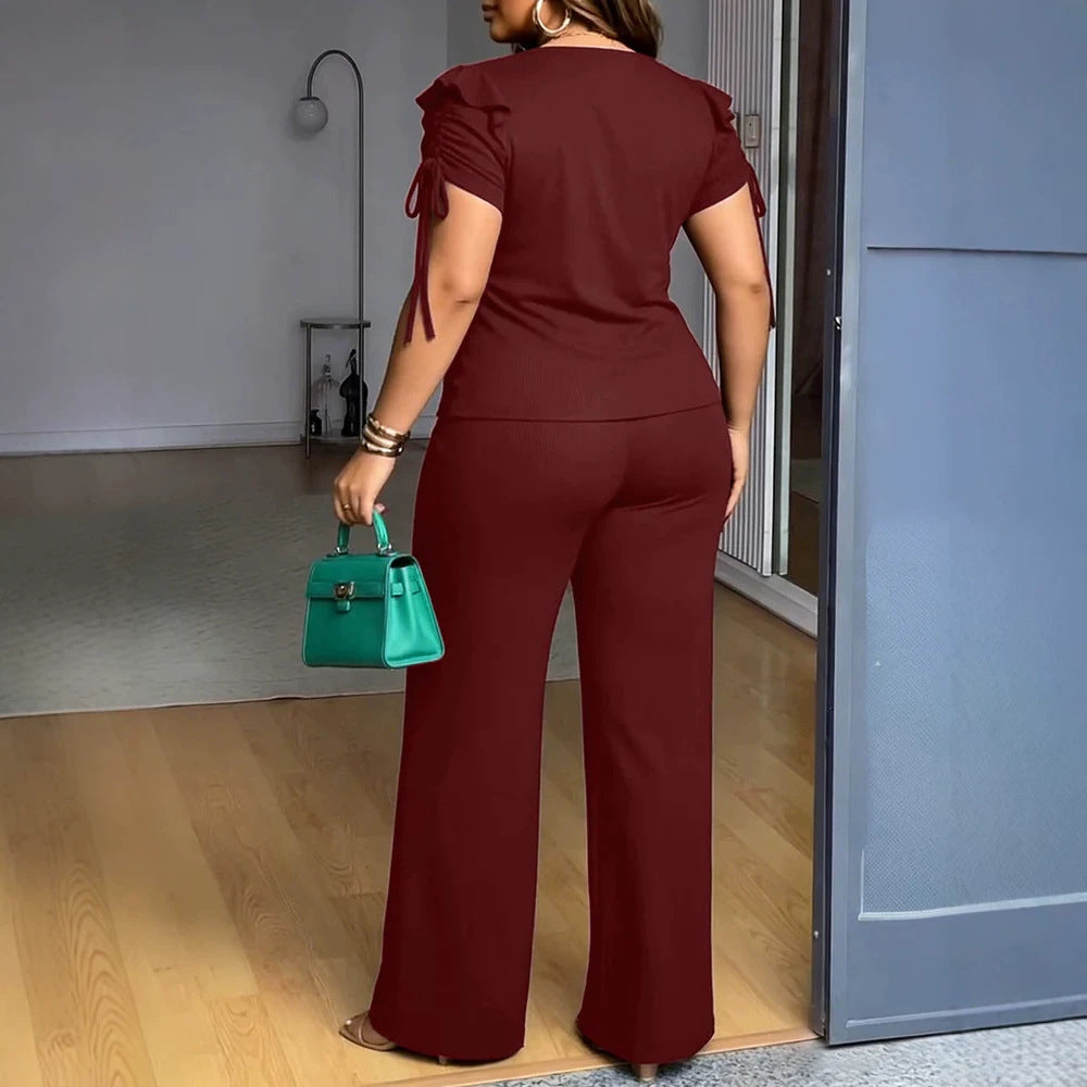 Damen Zweiteiliges Jersey-Set mit taillierter Weitbein-Hose und Kurzärmeligem Knoten-Top Shop Nory