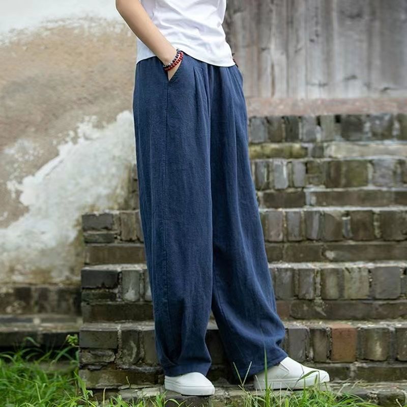 Damen weite Leinenhose mit elastischem Bund und seitlichen Taschen