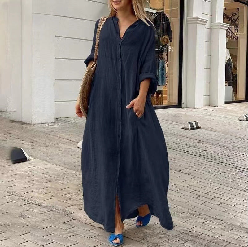 Einreiher Baumwoll-Leinen Plus Size Langkleid