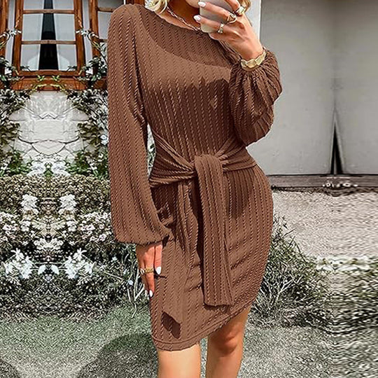 Damen geripptes Strickkleid mit taillierender Schärpe, ballonärmeln und figurumspielender Mini-Länge Shop Nory