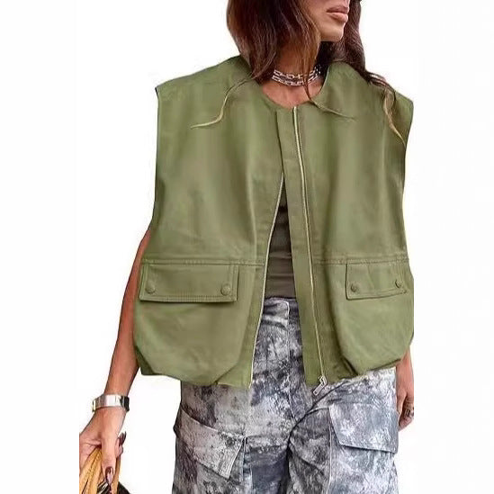 Damen Ärmellose utilitaristische Weste mit Reißverschluss und Pattentaschen Shop Nory