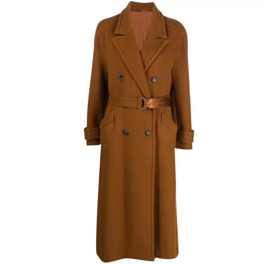 Damen Maxilanger Doppelreihiger Wollmix Mantel mit Satinband Taillengürtel und Krempelärmeln Shop Nory