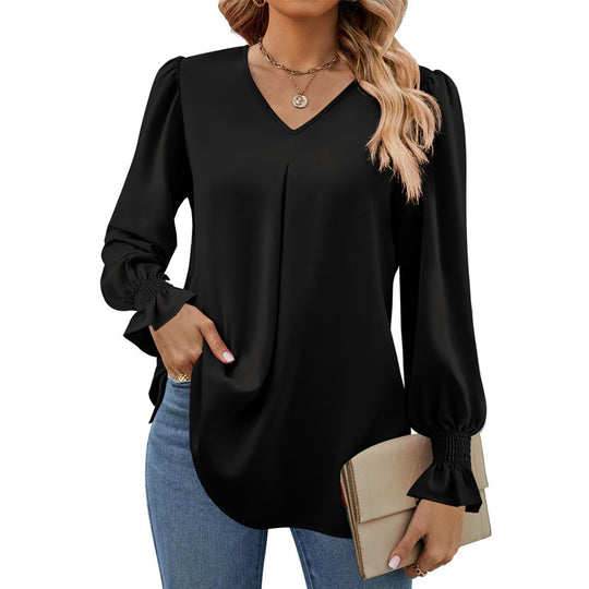 Damen V-Ausschnitt Bluse mit Kellerfalte und gerafften Manschetten Shop Nory