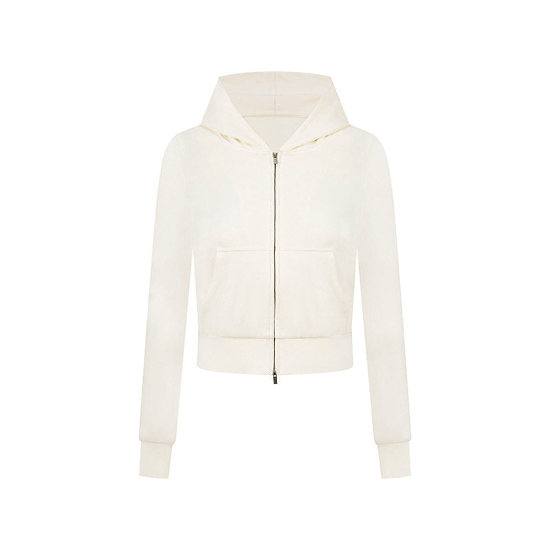 Damen Kurz geschnittene Kapuzenjacke aus Baumwollmix mit zweiseitigem Reißverschluss und Rippbündchen Shop Nory