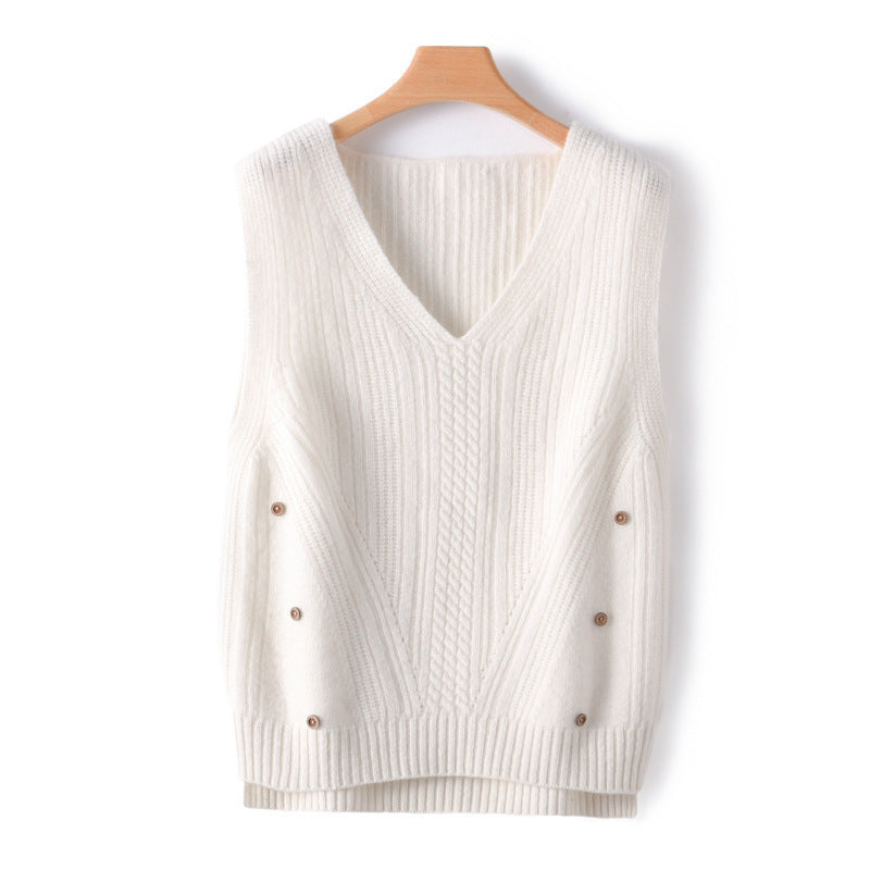 Damen Strick-Longweste mit V-Ausschnitt, Zopfmuster und seitlicher Knopfleiste Shop Nory