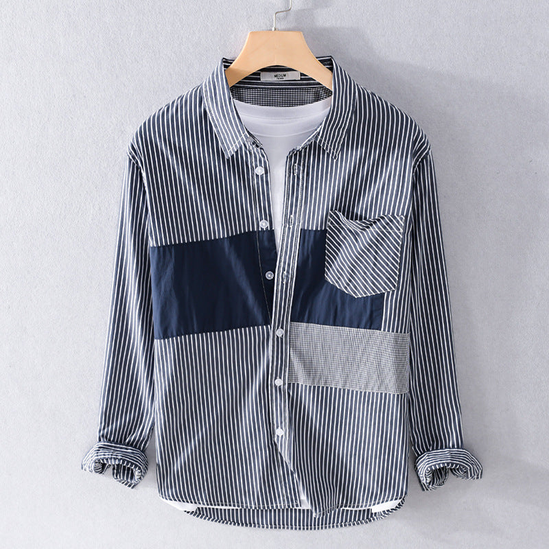 Herren Gestreiftes Overshirt mit Farbblock‑Einsätzen und aufgesetzter Brusttasche Shop Nory