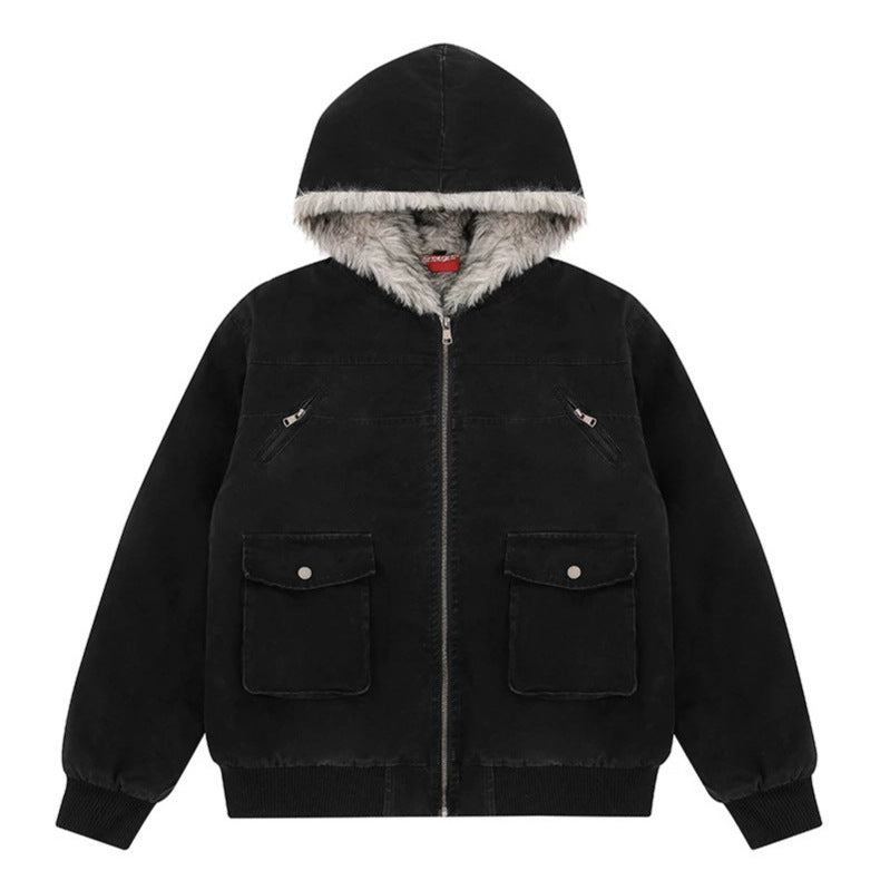 Damen wattierte Kapuzenjacke mit kunstfellfutter, Cargo‑Taschen und elastischen Bündchen Shop Nory
