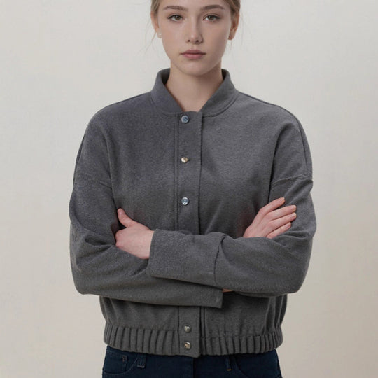 Damen nan kuschelige Fleece-Bomberjacke mit Stehkragen Rippbund und Druckknopfleiste Shop Nory