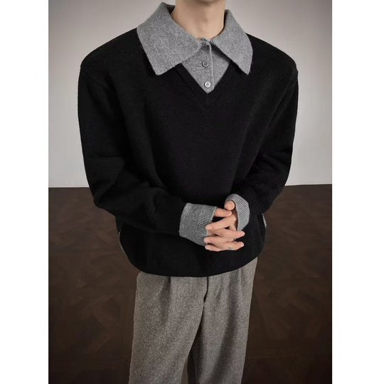 Herren Modischer Strickpullover mit V-Ausschnitt und Kontrastkragen Shop Nory