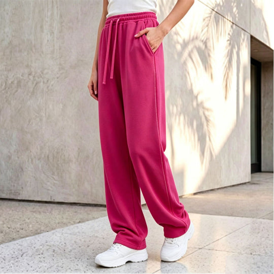 Damen nan weite Loungepalazzo-Hose mit hohem Komfortbund, Kordelzug, seitlichen Eingrifftaschen und dekorativer Seitennaht Shop Nory