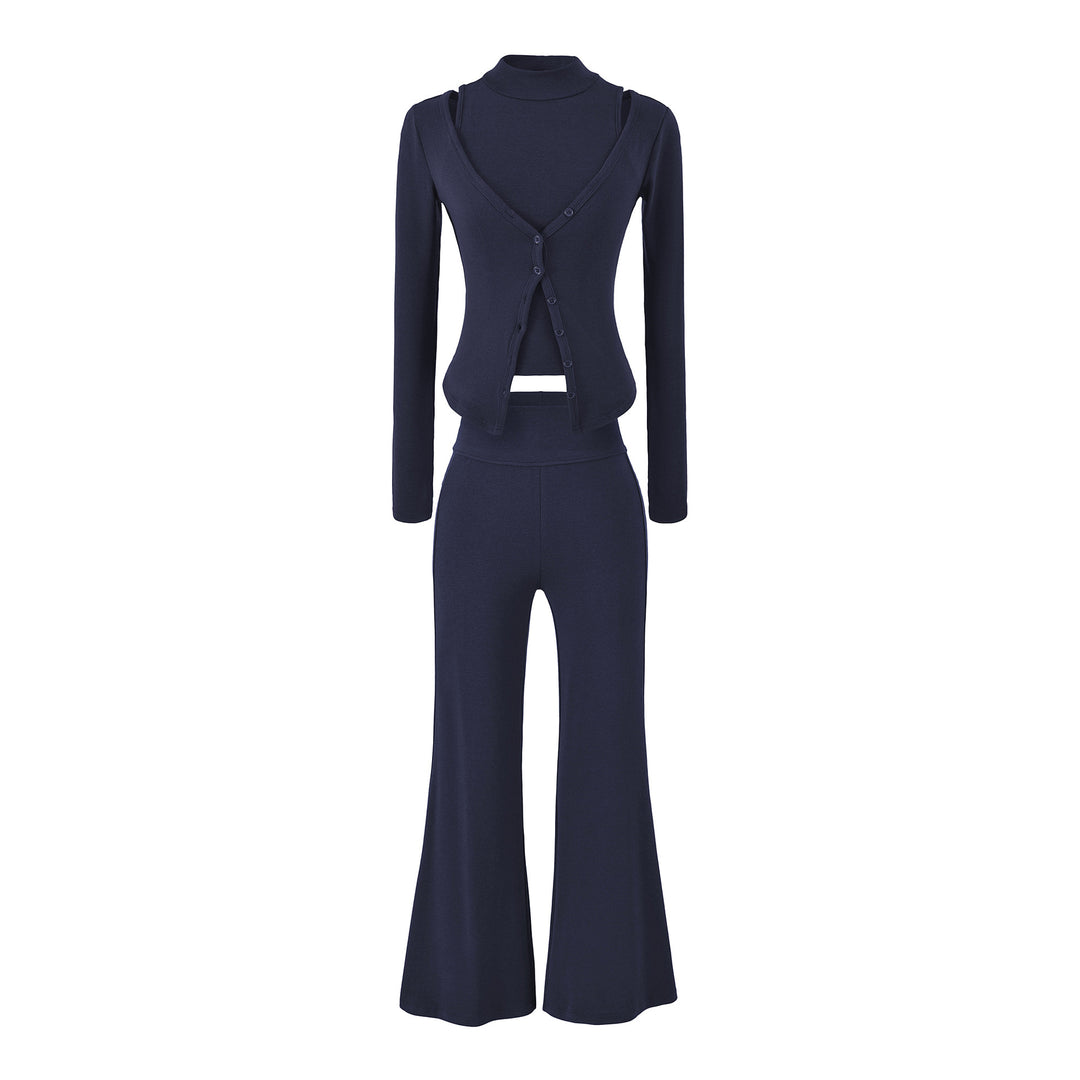 Damen Figurbetontes Layering-Set mit Rollkragen-Longsleeve und asymmetrischer Knopfjacke und ausgestellter High-Waist Hose Shop Nory