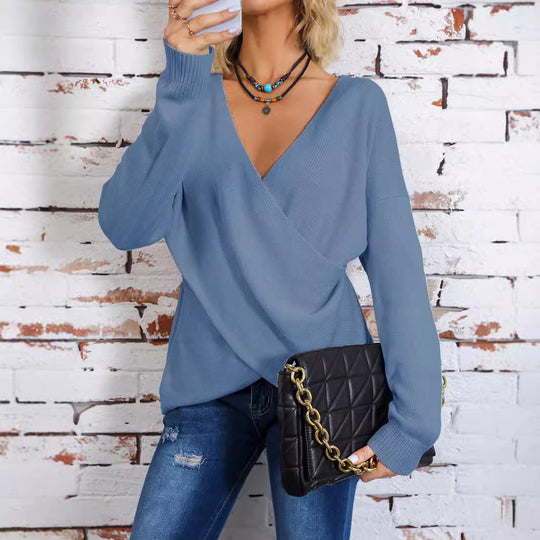 Damen Wickel-Strickpullover mit tiefem V-Ausschnitt und überschnittenen Ärmeln Shop Nory