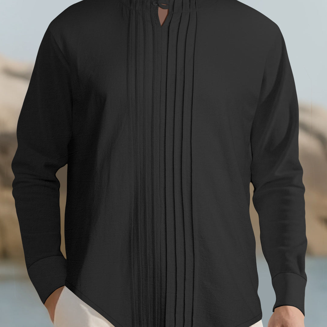 Herren Leichtes Langarmshirt im Leinenlook mit Stehkragen, Kellerfalten und Schlaufenverschluss Shop Nory