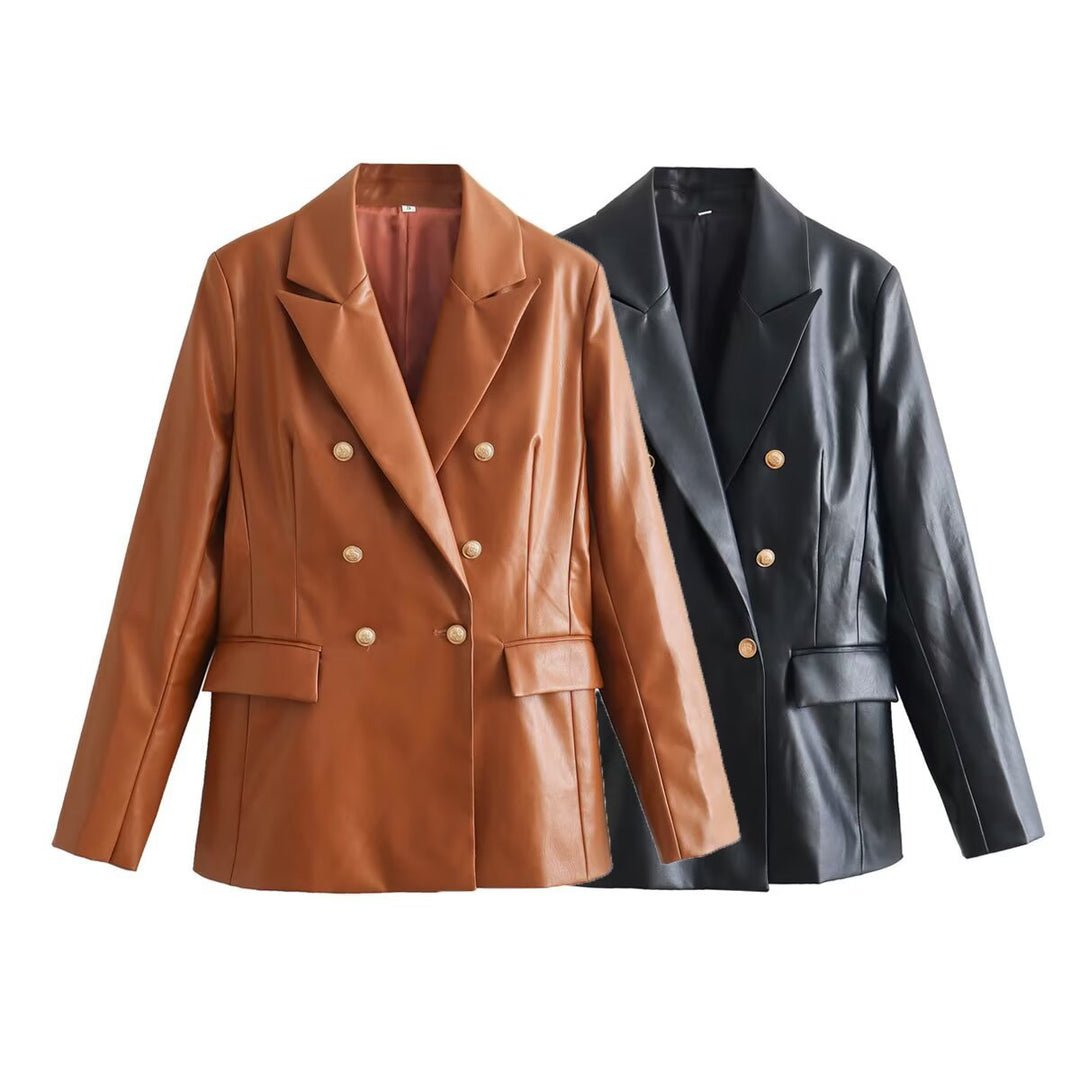 Damen Doppelreihiger Kunstleder-Blazer mit goldfarbenen Zierknöpfen und Pattentaschen Shop Nory