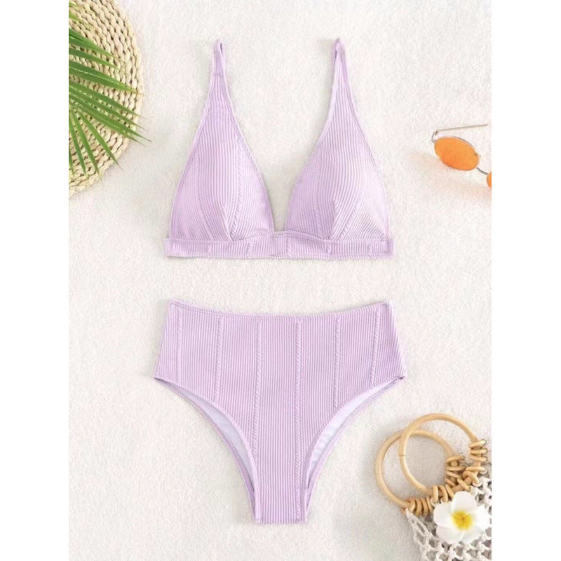 Damen Hochgeschnittener Bikini mit elegantem V-Ausschnitt und geripptem Design Shopnory