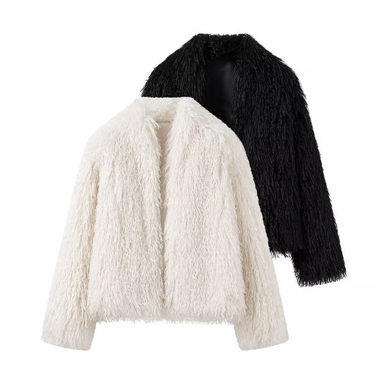 Damen Kurze Flauschige Kunstfelljacke mit voluminöser Textur Shop Nory