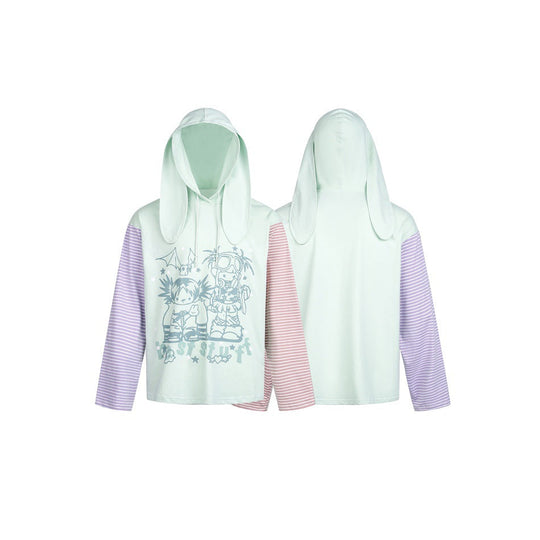 Damen Hoodie mit Kapuze und Hasenohren, gestreiften Ärmeln und Manga‑Print Shop Nory