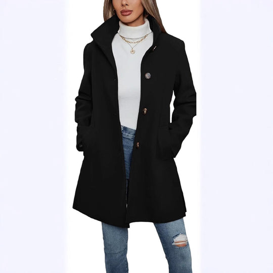 Damen Eleganter Wollmantel mit Hochgeschlossenem Kragen und Praktischen Taschen
