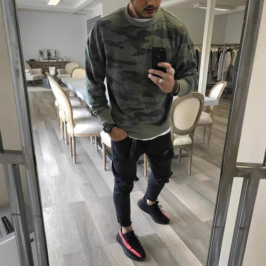 Herren Oversized Camouflage-Sweatshirt mit Rundhalsausschnitt und Rippbündchen Shop Nory