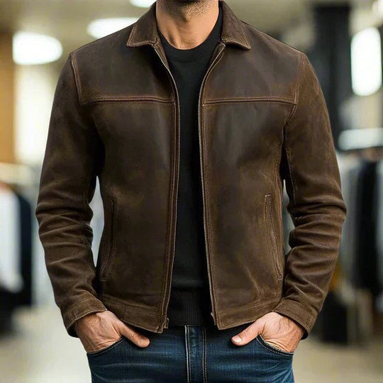 Herren nan schlanke Veloursleder-Jacke mit klassischem Kragen und verdecktem Reißverschluss Shop Nory