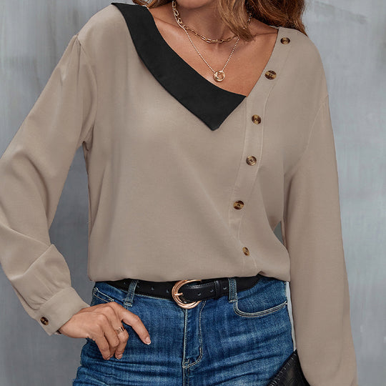 Damen Asymmetrische Hemdbluse mit kontrastiertem Kragen und dekorativer Knopfleiste Shop Nory