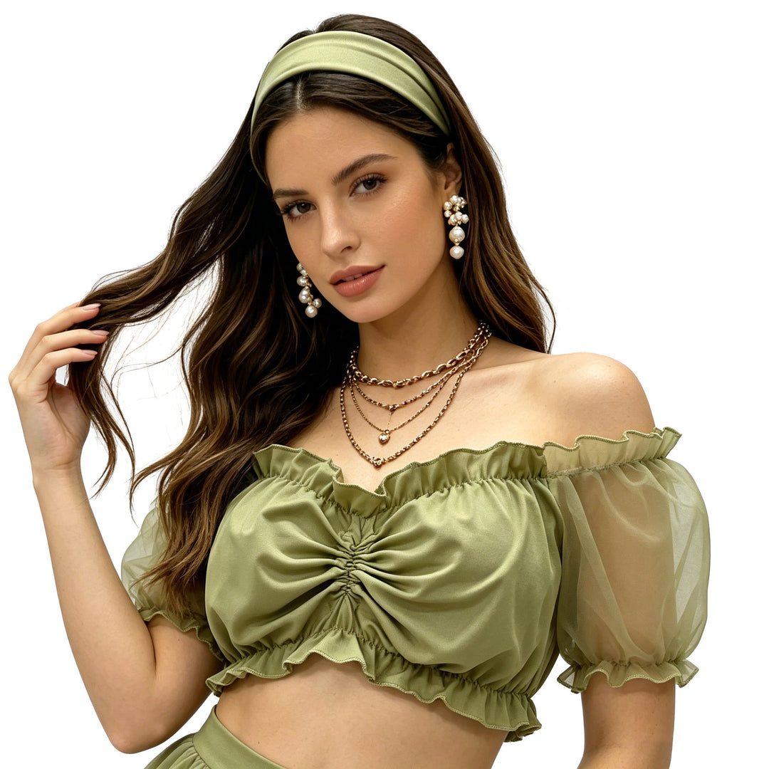 Damen nan gerafftes Crop Top mit Carmenausschnitt und transparenten Organzaärmeln Shop Nory