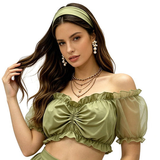 Damen nan gerafftes Crop Top mit Carmenausschnitt und transparenten Organzaärmeln Shop Nory