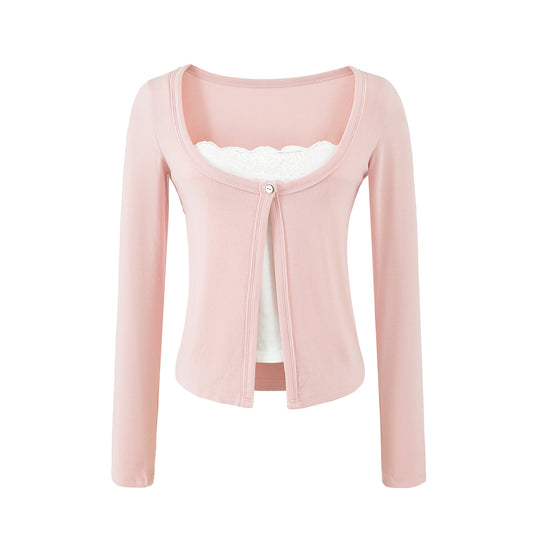 Damen Lagen-Cardigan mit integriertem Spitzen‑Cami und einreihigem Knopfverschluss Shop Nory