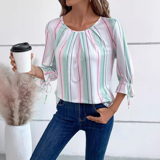 Damen leichte gestreifte Bluse mit Rundhalsausschnitt und dreiviertel-Ärmeln mit Schleifenbändern Shop Nory