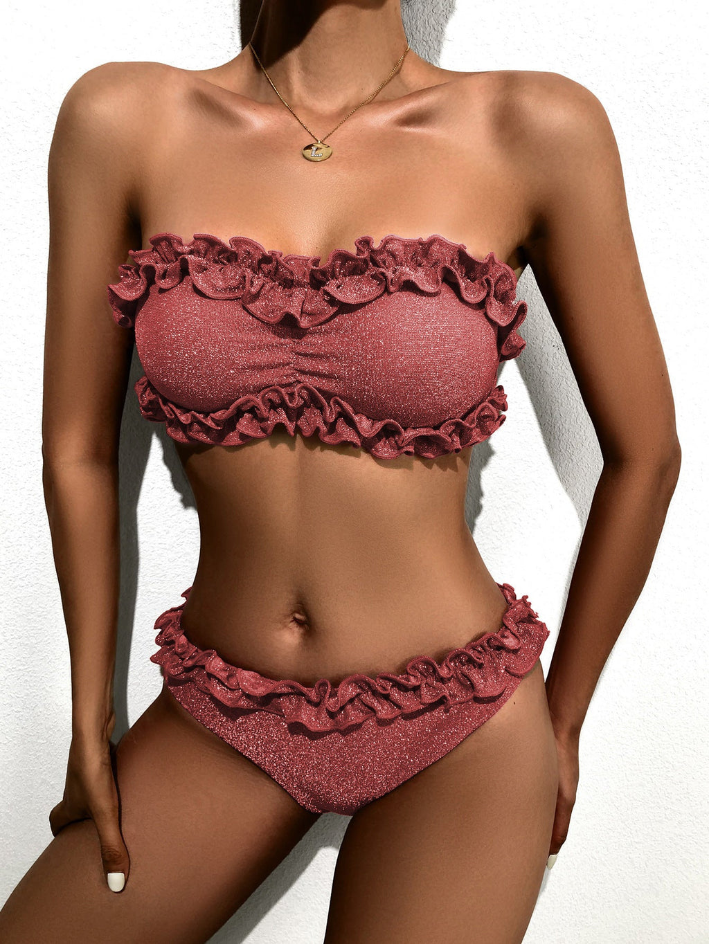 Damen Bandeau-Bikini mit glamourösem Rüschendesign Shopnory
