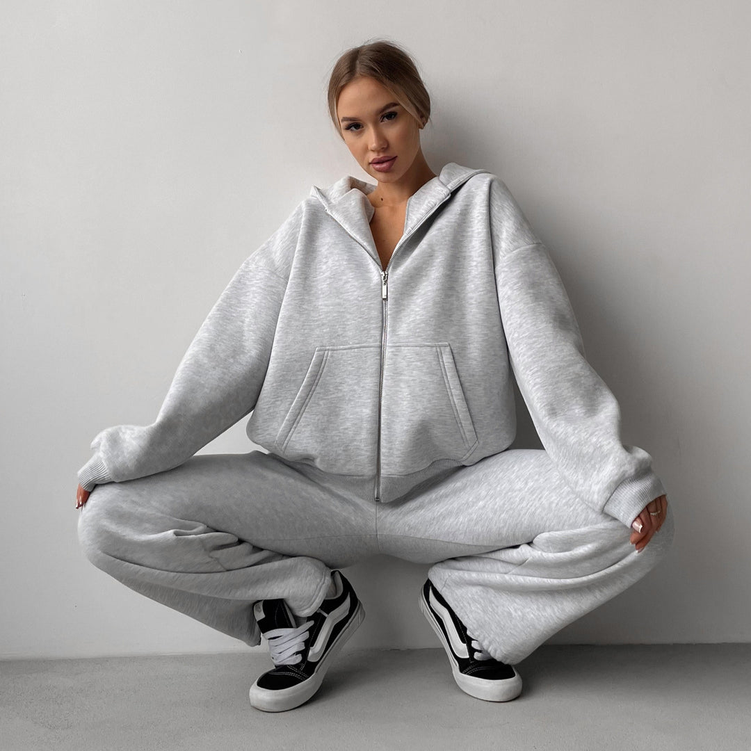 Damen Baumwoll-Fleece Lounge-Set mit Oversize-Zip-Hoodie und Palazzo-Sweatpants Shop Nory