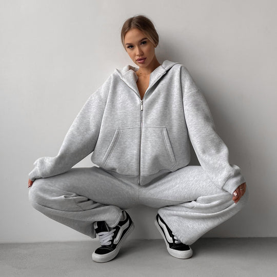 Damen Baumwoll-Fleece Lounge-Set mit Oversize-Zip-Hoodie und Palazzo-Sweatpants Shop Nory