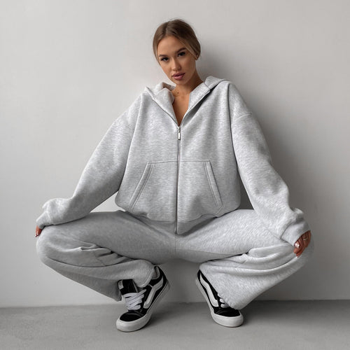 Damen Baumwoll-Fleece Lounge-Set mit Oversize-Zip-Hoodie und Palazzo-Sweatpants Shop Nory