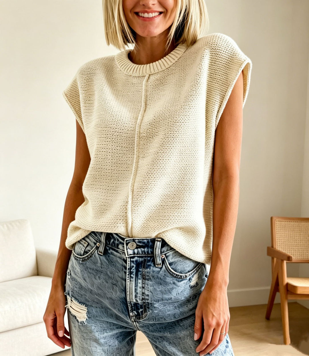 Damen Ärmellose Strickweste mit mittiger Naht und geripptem Kragen Shop Nory