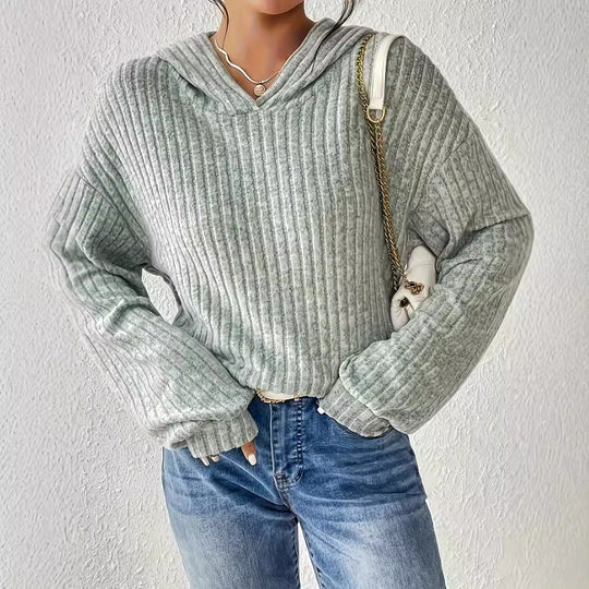 Damen Gerippter Hoodie-Pullover mit Kapuze und legerer Cropped-Silhouette Shop Nory