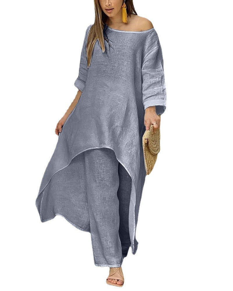 Damen Lässiges Leinenoptik-Zweiteiler mit asymmetrischer Long-Tunika und weitem Palazzo-Hose Shop Nory