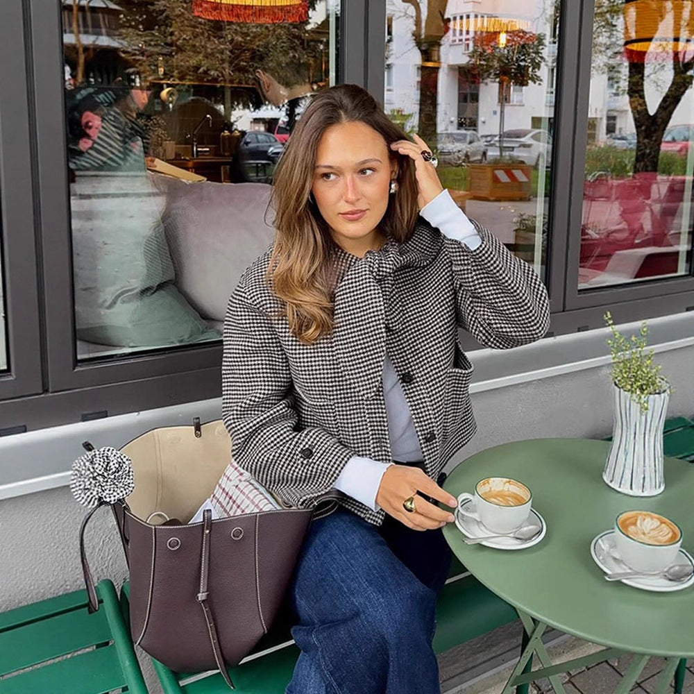 Damen Kurzjacke im Hahnentrittmuster mit Schleifenkragen Shop Nory