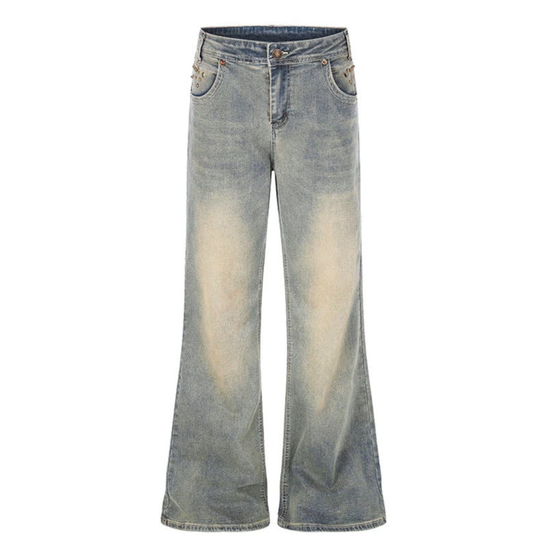 Damen Weite High‑Waist Flared-Jeans mit Used-Effekt, bestickten Gesäßtaschen und Nieten Shop Nory