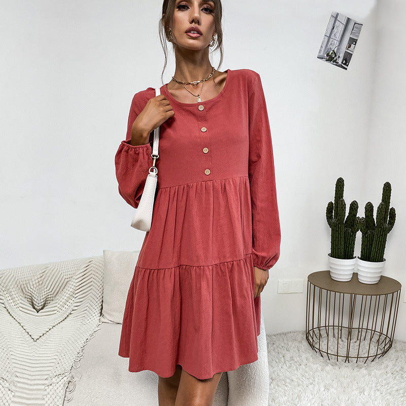 Damen Lockeres Cord-Volantkleid mit Stufenrock & Zierknopfleiste Shop Nory
