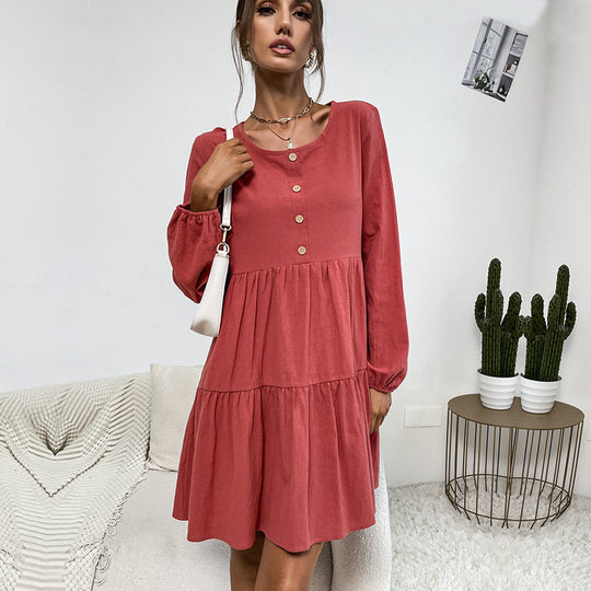 Damen Lockeres Cord-Volantkleid mit Stufenrock & Zierknopfleiste Shop Nory