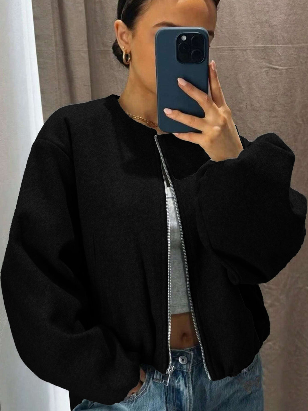 Damen Weitgeschnittene Bomberjacke mit Reißverschluss und Volumenärmeln Shop Nory