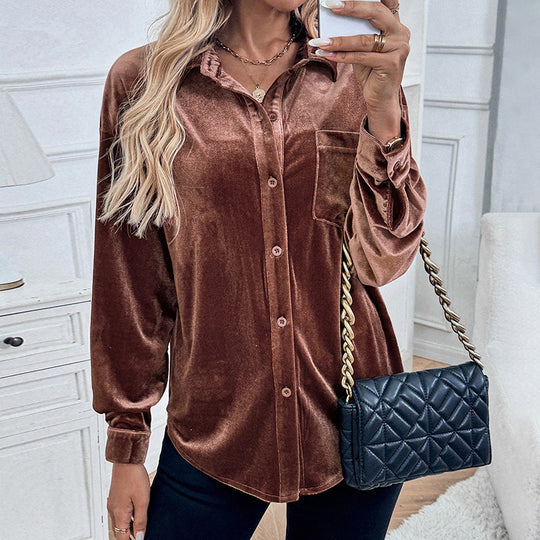 Damen Velours-Hemdbluse mit Brusttasche und klassischem Kragen Shop Nory