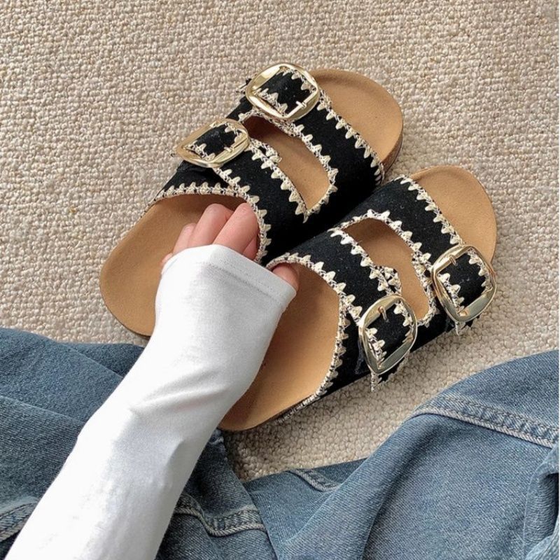 Damen Comfort-Sandalen mit zweifachen verstellbaren Riemen, gepolstertem anatomischem Fußbett und goldener Metallschnalle Shop Nory