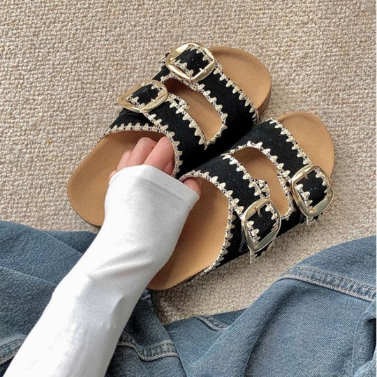 Damen Comfort-Sandalen mit zweifachen verstellbaren Riemen, gepolstertem anatomischem Fußbett und goldener Metallschnalle Shop Nory