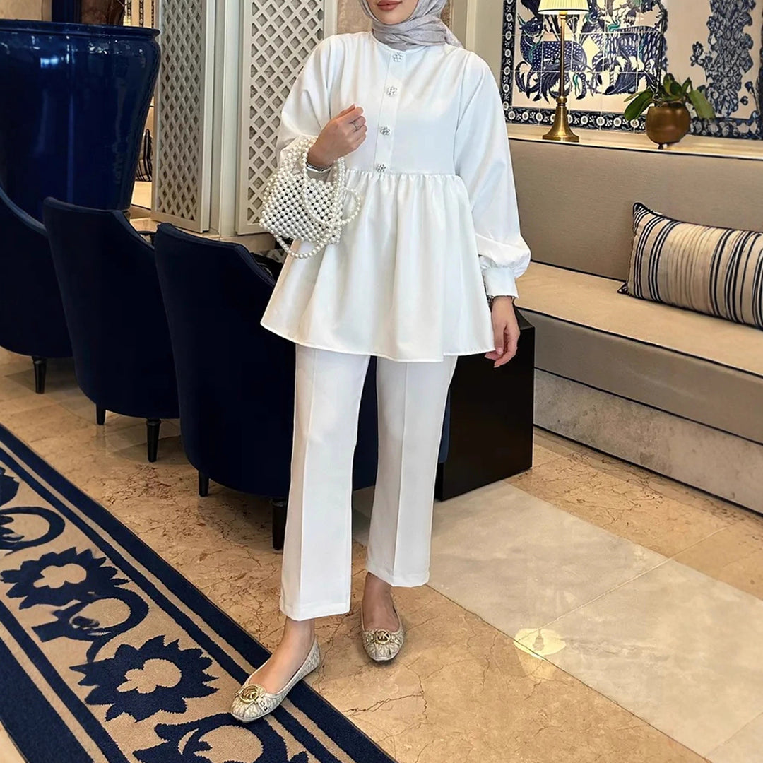 Damen Elegantes Tunika‑Hosen‑Set mit geraffter Empire‑Tunika und schlanker Anzughose Shop Nory
